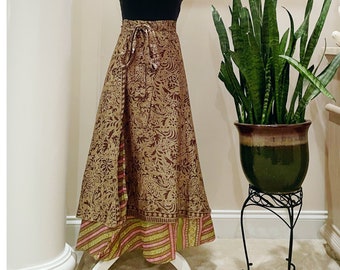 Reversible sage green wrap skirt, one size sari skirt with tie, long adjustable boho wrap skirt