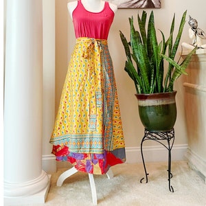 Bright colors reversible sari skirt, long wrap skirt with tie, boho wrap skirt one size fits all