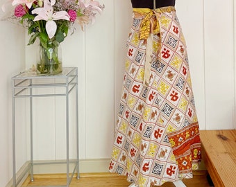 Reversible retro wrap skirt, one size sari skirt, long boho skirt with tie