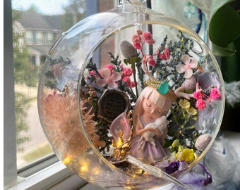Fairy princess terrarium, miniature fairy home, light up glass terrarium with stand
