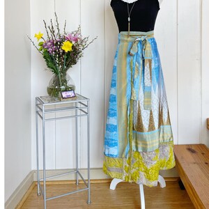 Reversible electric rain sari skirt, one size silk skirt with tie, long boho wrap skirt