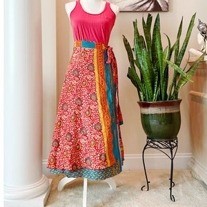 Reversible fire flower wrap skirt, one size sari skirt, long boho skirt with tie