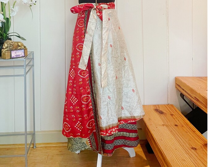 Reversible Scarlet Leaf Wrap Skirt, One Size Sari Skirt, Long Boho