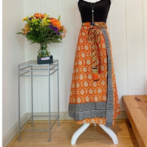 Reversible orange silk sari skirt, one size wrap skirt, long boho skirt