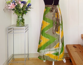 Reversible vintage green mustard wrap skirt, one size sari skirt, long saree wrap dress