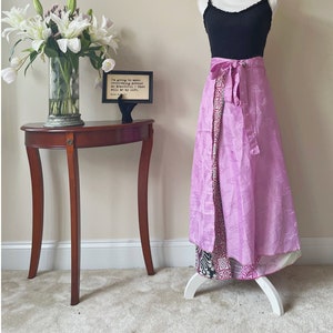 Reversible powder pink wrap skirt, one size sari wrap skirt, long boho skirt with tie