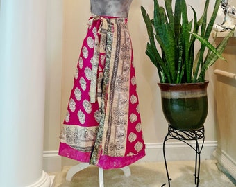 Pink buddha reversible wrap skirt, one size sari skirt, long boho skirt with tie