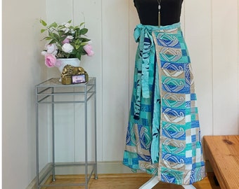 Reversible aqua blue wrap skirt, one size sari skirt with tie