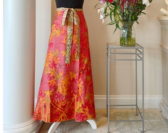 Reversible autumn wrap skirt, one size sari skirt, long wrap skirt with tie