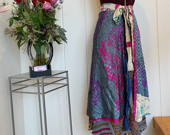 UPCYCLED silk sari skirt, indigo swirl wrap skirt with tie, one size reversible skirt