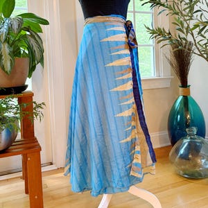 Reversible blue sari wrap skirt, one size silk sari skirt, boho wrap dress