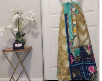 Reversible golden arrow wrap skirt, silk saree wrap dress, one size