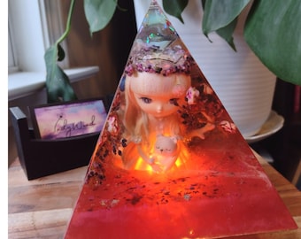 Collectible anime figurine, epoxy resin pyramid with lights, magical anime princess