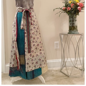 Premium silk peacock paisley wrap skirt, one size sari, long boho silk wrap skirt with tie