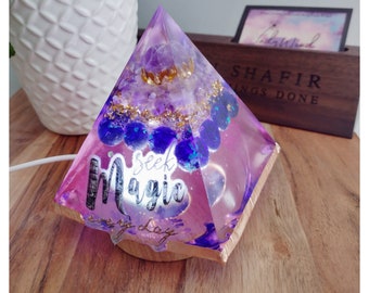 magical resin pyramid light, resin night light, gemstones and chakra stone epoxy