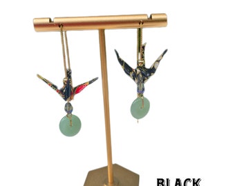 Jade minimalist dangle origami crane earrings, gold plated threader earrings