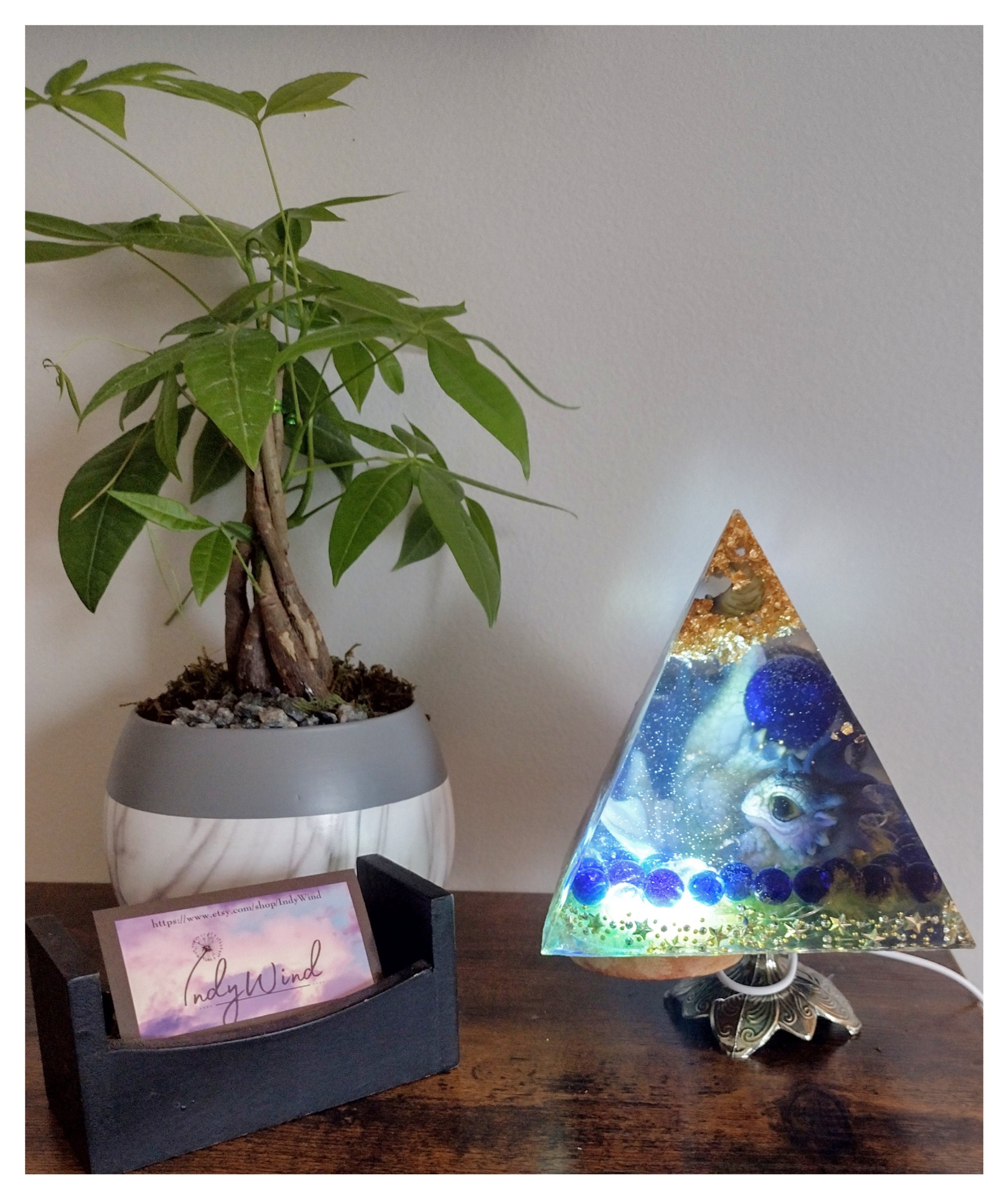 Collectible dragon figurine, fantasy art resin pyramid with light, nemesis dragon night light