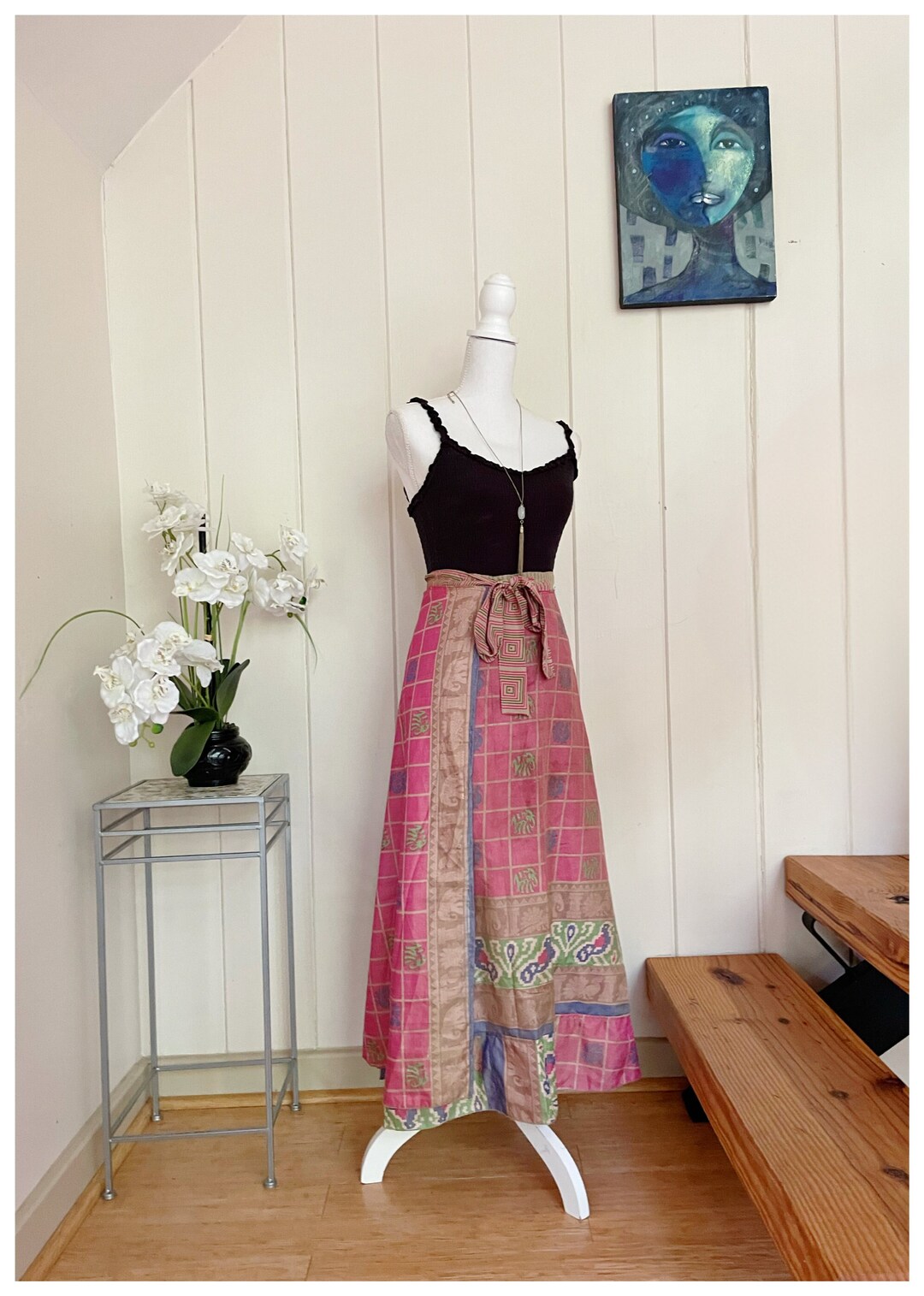 Reversible LONG Pink Leaves Wrap Skirt One Size Sari Skirt Etsy