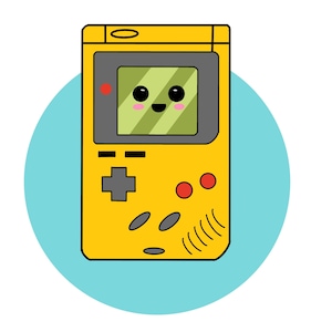 May include: A yellow handheld video game console with a black screen and a cute cartoon face. The console has a black directional pad, two red buttons, and a speaker.