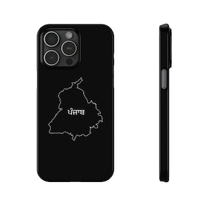 May include: Black phone case featuring a white outline of the Punjab region of India, with the word "Punjab" written in Punjabi.