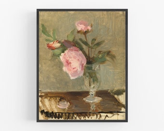 Peonies in a Crystal Vase / Vintage Art / Pink Flower Art / Flower Art / Flower Painting / Wall Decor / Farmhouse Art / French Art / Art