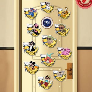 May include: A collection of cartoon character decals, each riding a yellow duck floatie. Characters include Stitch, Minnie Mouse, Baby Yoda, and others. The decals are affixed to a beige door, with a circular address plaque and a decorative shopping tag.