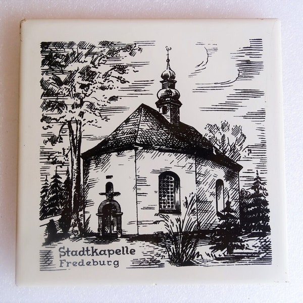 Vintage West Germany hand-painted black and white porcelain tile. Church