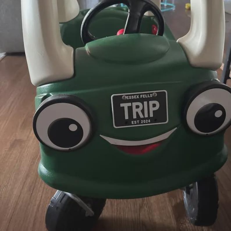 Puede incluir: Un coche de juguete de pl&aacute;stico verde con grandes pilares blancos, un volante negro y dos ojos redondos. El frente presenta una matr&iacute;cula negra con texto blanco que dice ESSEX FELLS TRIP EST 2024 y una boca roja curva y ancha.
