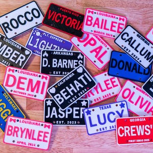 Puede incluir: Una colecci&oacute;n de placas de matr&iacute;cula en miniatura rectangulares y personalizadas en varios colores, cada una con el nombre de un estado, un nombre y una fecha. Las placas muestran nombres como Bubba, Rocco, Victoria, Bailee, Opal, Callum, Clara, Ember y otros.