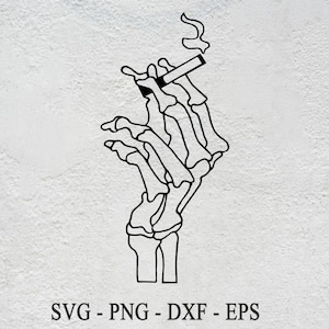 May include: A black and white line art illustration of a skeleton hand holding a cigarette with smoke rising from it.