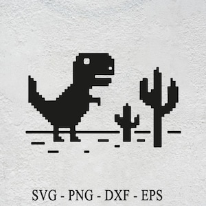 May include: A black and white pixelated dinosaur, known as the 'T-Rex' from the Google Chrome offline game, is shown running across a pixelated landscape with two pixelated cacti in the background.