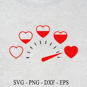 May include: A red heart-shaped gauge with a needle pointing to full, indicating a full heart. The gauge is surrounded by five red hearts.