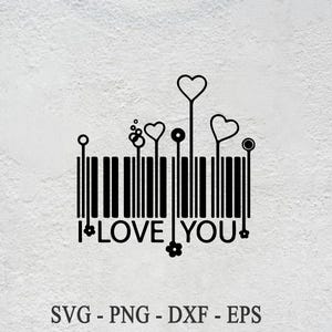 May include: Black and white graphic design of a barcode with hearts and the words "I LOVE YOU" in a stylized font.