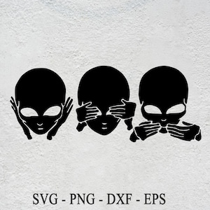 Könnte beinhalten: Drei schwarze Alien-Köpfe mit geschlossenen Augen, Ohren und Mund, die das Sprichwort "Sehe kein Übel, höre kein Übel, sprich kein Übel" darstellen.