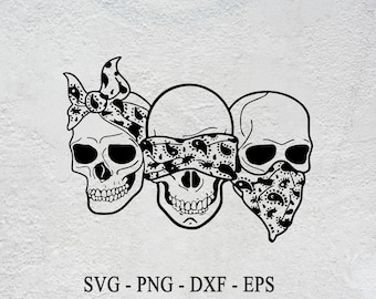 Three Bandana Skulls SVG: Hear Speak See No Evil Clipart (Digital Download)