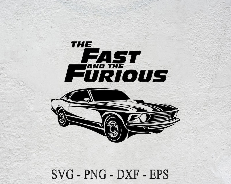 Może przedstawiać: Czarno-biała sylwetka klasycznego muscle cara z tekstem "The Fast and the Furious" nad nim.