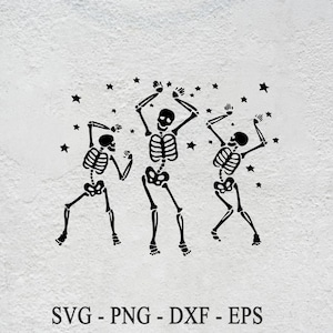 May include: Three black skeleton figures dancing with their arms raised in the air. The skeletons are outlined in black against a white background. There are small black stars scattered around the skeletons.