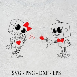 Robots, Valentine&#39;s Day Design, SVG And PNG Files, Cricut File, Simple Layers.