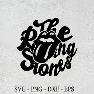 Może przedstawiać: Czarno-biały projekt graficzny logo The Rolling Stones ze stylizowaną  językiem i ustami.