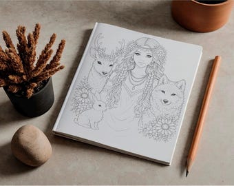 Boho Goddess Malbuch, Pflanzentiere Line Art (PDF-Muster)