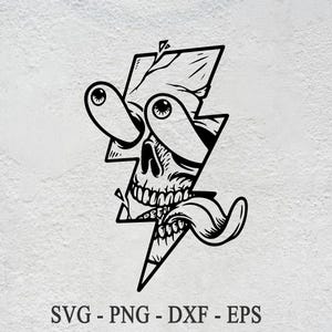 May include: Black and white illustration of a skull with large eyes and a tongue sticking out, set within a lightning bolt shape.