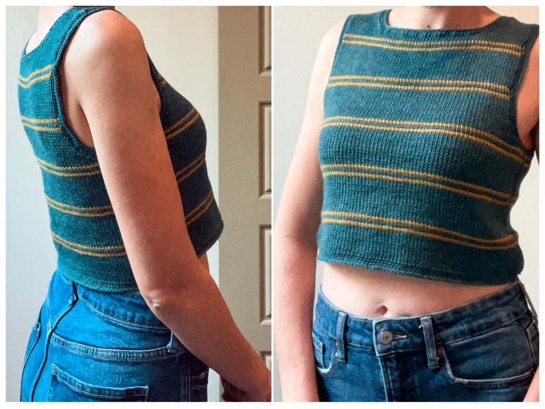 May include: A teal and gold striped knit crop top. The sleeveless top features horizontal gold stripes across the chest and torso. The top is paired with blue denim jeans.