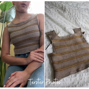 May include: A beige knitted tank top with horizontal stripes in a darker brown color. The top has a scoop neckline and is sleeveless. The image shows the top being worn and also laid flat, showcasing the design and texture of the knitwear.