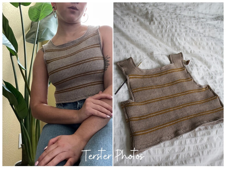 May include: A beige knitted tank top with horizontal stripes in a darker brown color. The top has a scoop neckline and is sleeveless. The image shows the top being worn and also laid flat, showcasing the design and texture of the knitwear.