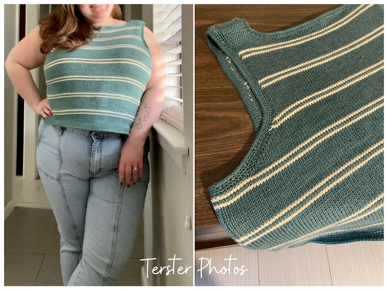 May include: A teal and cream striped knit tank top. The sleeveless top has horizontal stripes and a round neckline. The top is paired with light wash denim jeans. The image is taken in natural light.