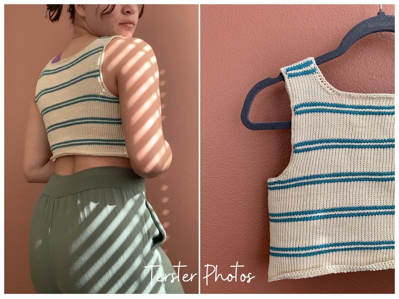 May include: Cream-colored, striped crop top with teal horizontal stripes. The sleeveless top is made of a knitted material and is shown on a person and on a hanger. The top is paired with green pants.