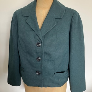 May include: A dark teal blazer with a classic design. The jacket features a notched collar, three dark buttons, and two front pockets. The blazer is displayed on a mannequin.