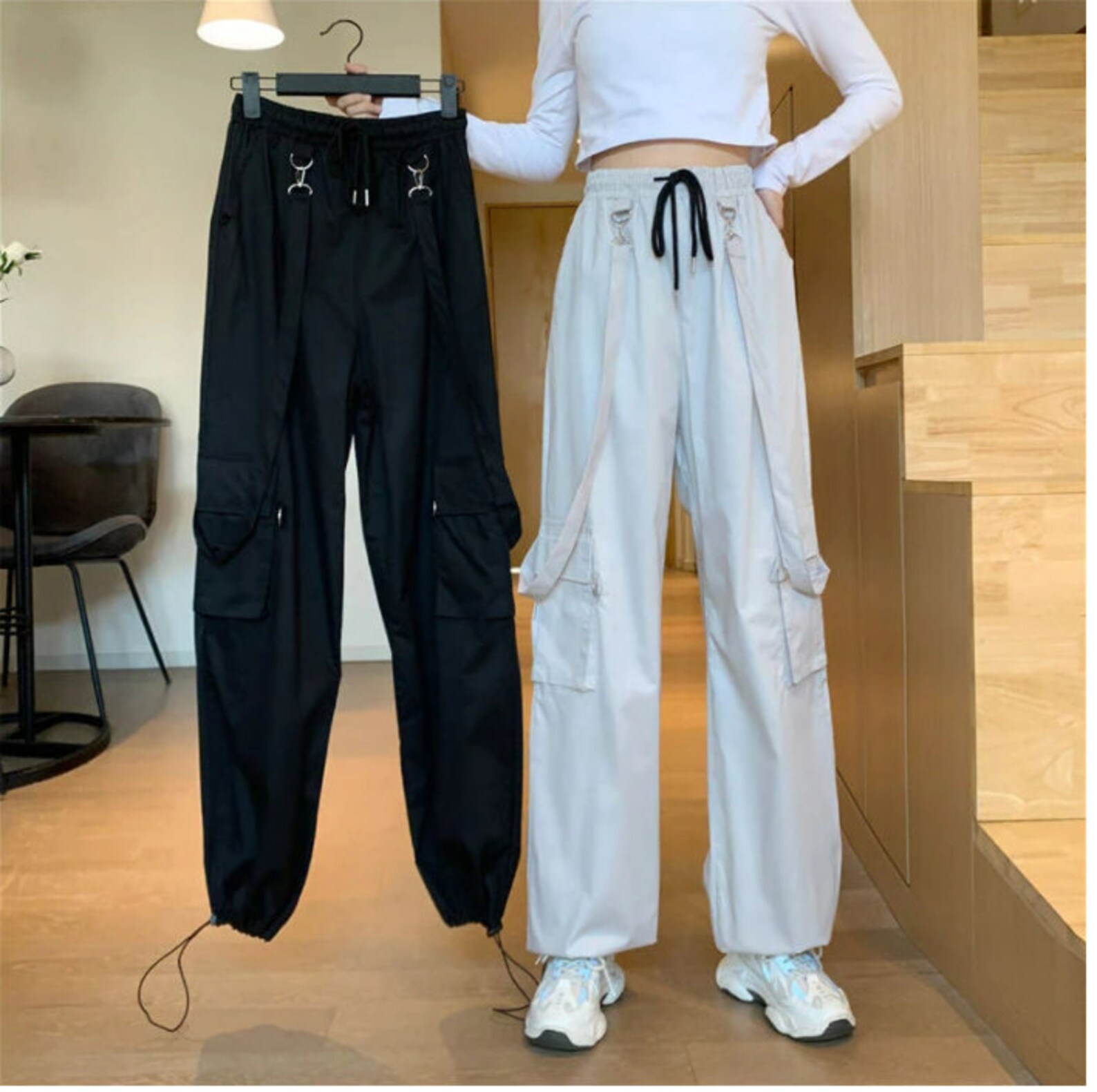 Women Fashion Harajuku Cargo Pants Black Detachable Strap Etsy