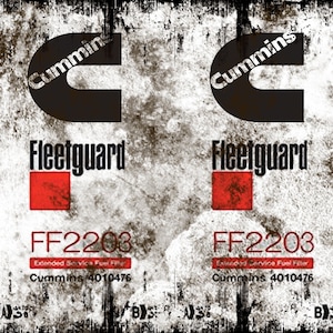 May include: Two images of a Cummins Fleetguard fuel filter. The Cummins logo is a black 'C' shape with the word 'Cummins' in white. Below is 'Fleetguard' in black, and a red square. The text 'FF2203' and 'Extended Service Fuel Filter' are also visible.