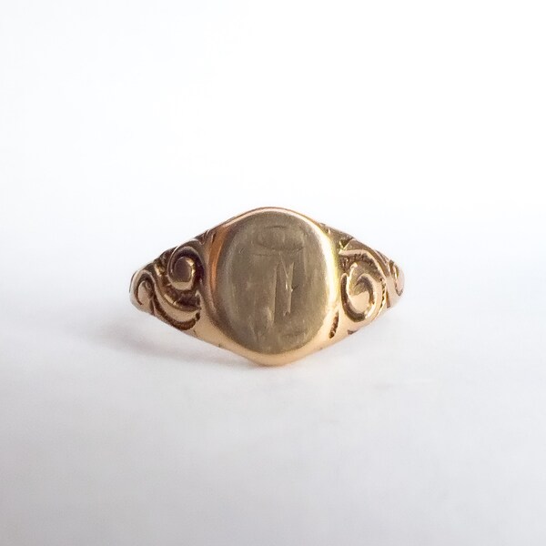 Antique Art Nouveau Era Signet Ring - 9K Yellow Gold - Allsopp Brothers - Scroll Details - Lettering - Engraved - Pinky Ring - Size ~5 US